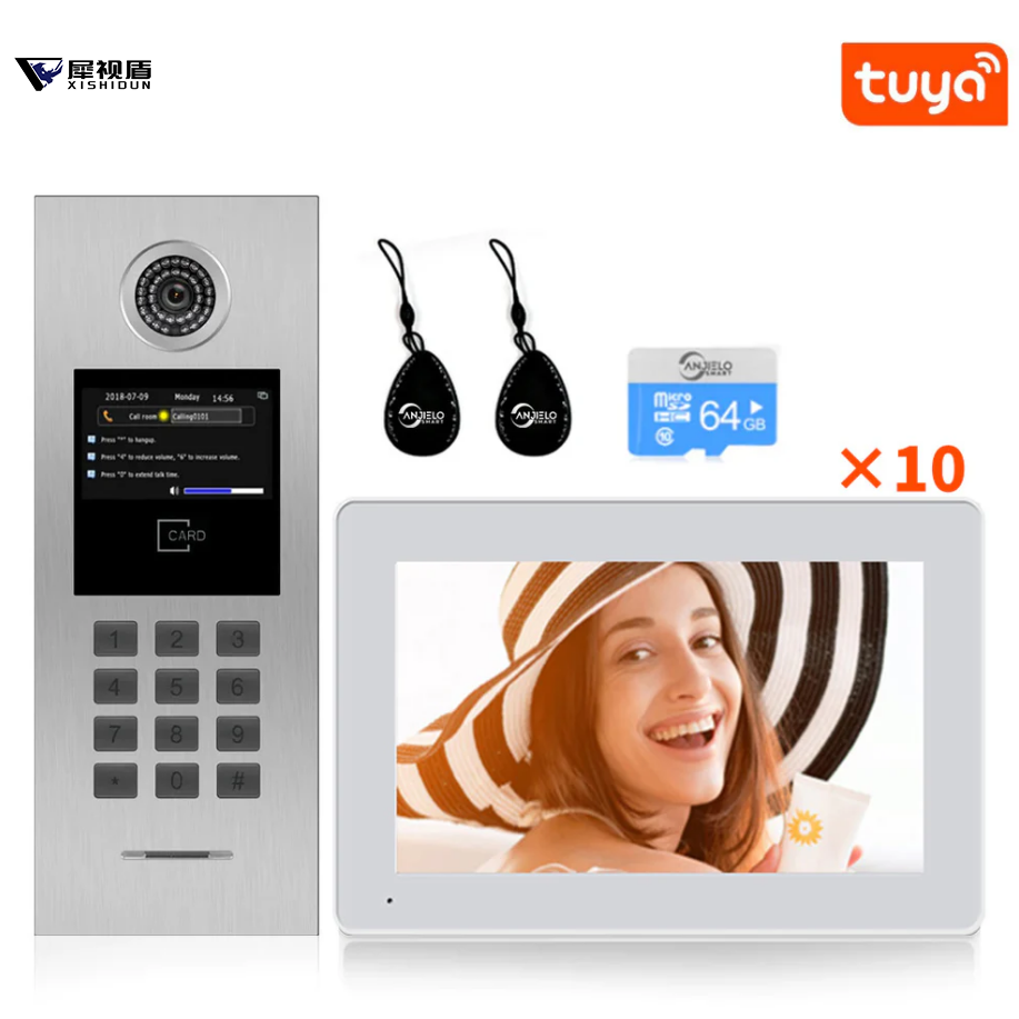 XiVision 7 Inch Screen IP Video Intercom with RFID Card Access Control – Tuya Smart System for Apartment Building & Home Doorbell