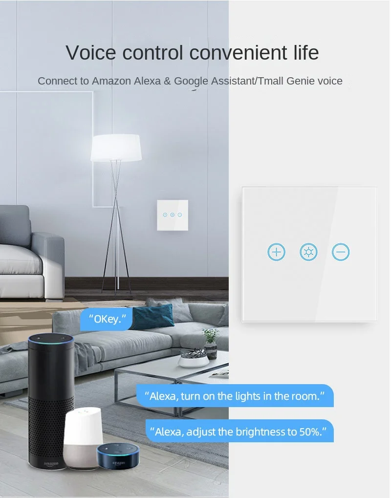 Tuya Alexa-Enabled Smart Dimmer Switch Touch Control, APP Remote WiFi Connectivity for Effortless Home Automation