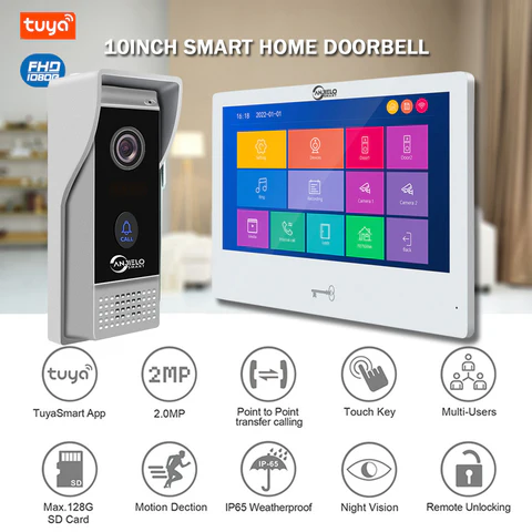 10.1-Inch Touch Monitor Video Doorphone System with Anti-Theft IR Vision Doorbell Camera for Home and Apartment Security