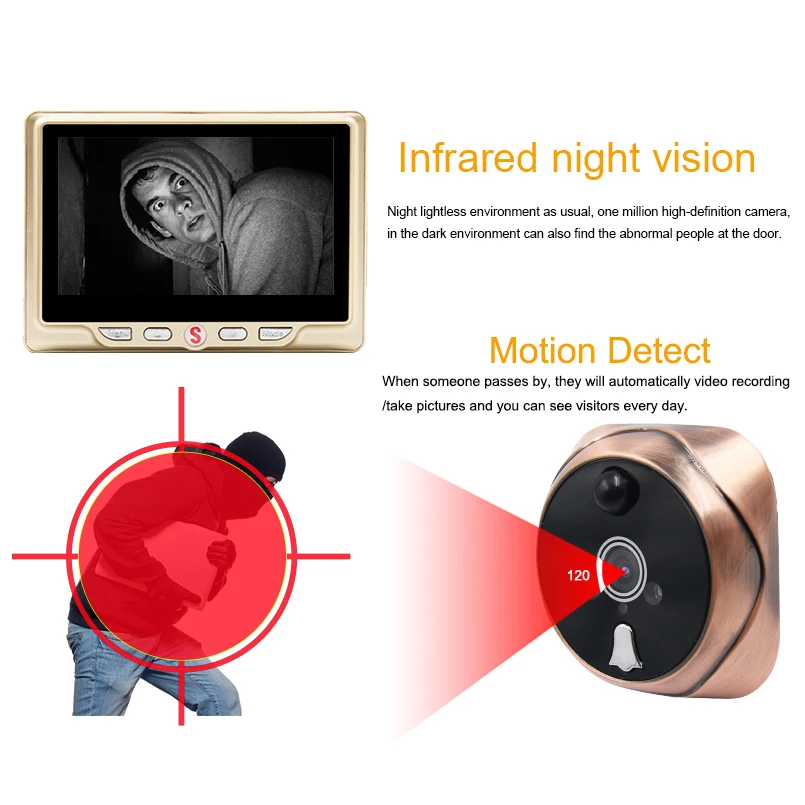 4.3 inchLCD Peephole Doorbell Camera 120°PIR Motion Detection Video Recording & IR Night Vision