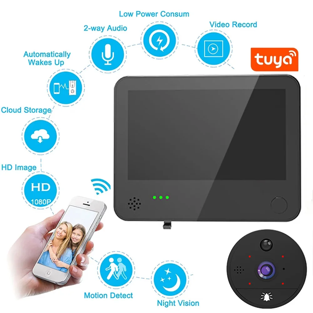 1080P WiFi Peephole Video Doorbell Camera  Tuya APP Remote Control High-Sensitivity Motion Detection for Home