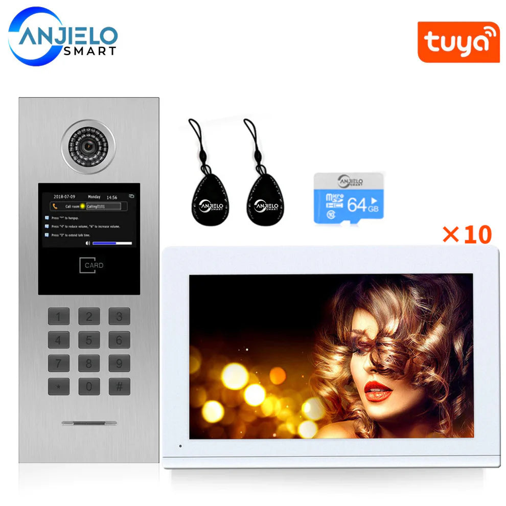 Anjielo 10-inch tuya smart video intercom system - IP building/apartment access control with RFID card, HD foorbell camera, 2-way audio & remote unlock