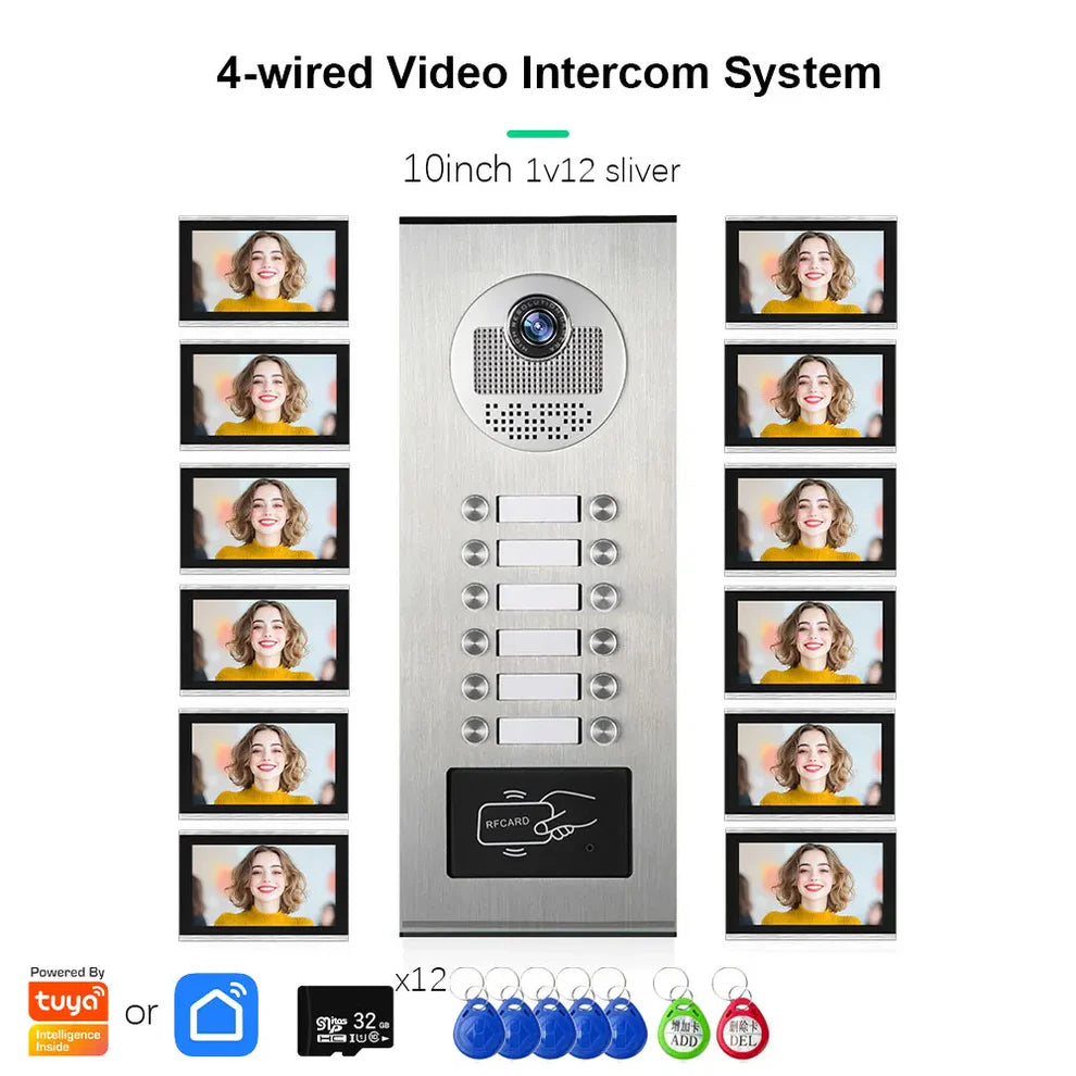 XiVision Tuya-Powered 4-Wired Video Intercom System with 10-Inch Screen – 1-to-12 Silver Video Door Phone for Multi-Unit Buildings