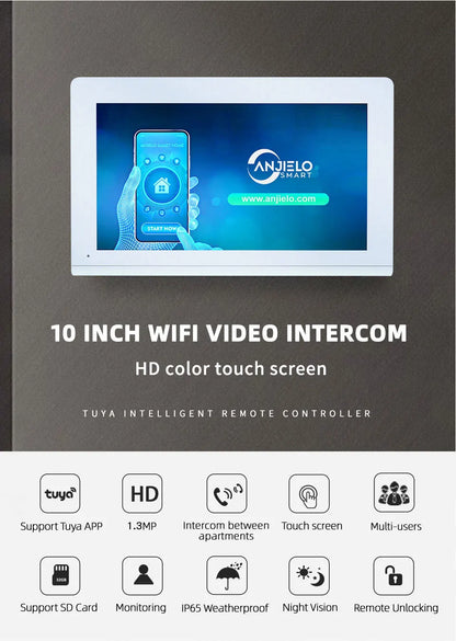 Anjielo 1080P White WiFi Video Intercom Monitor  Doorbell Camera – Tuya Smart Home Compatible Motion Detection 2-Way Audio for Apartments Homes