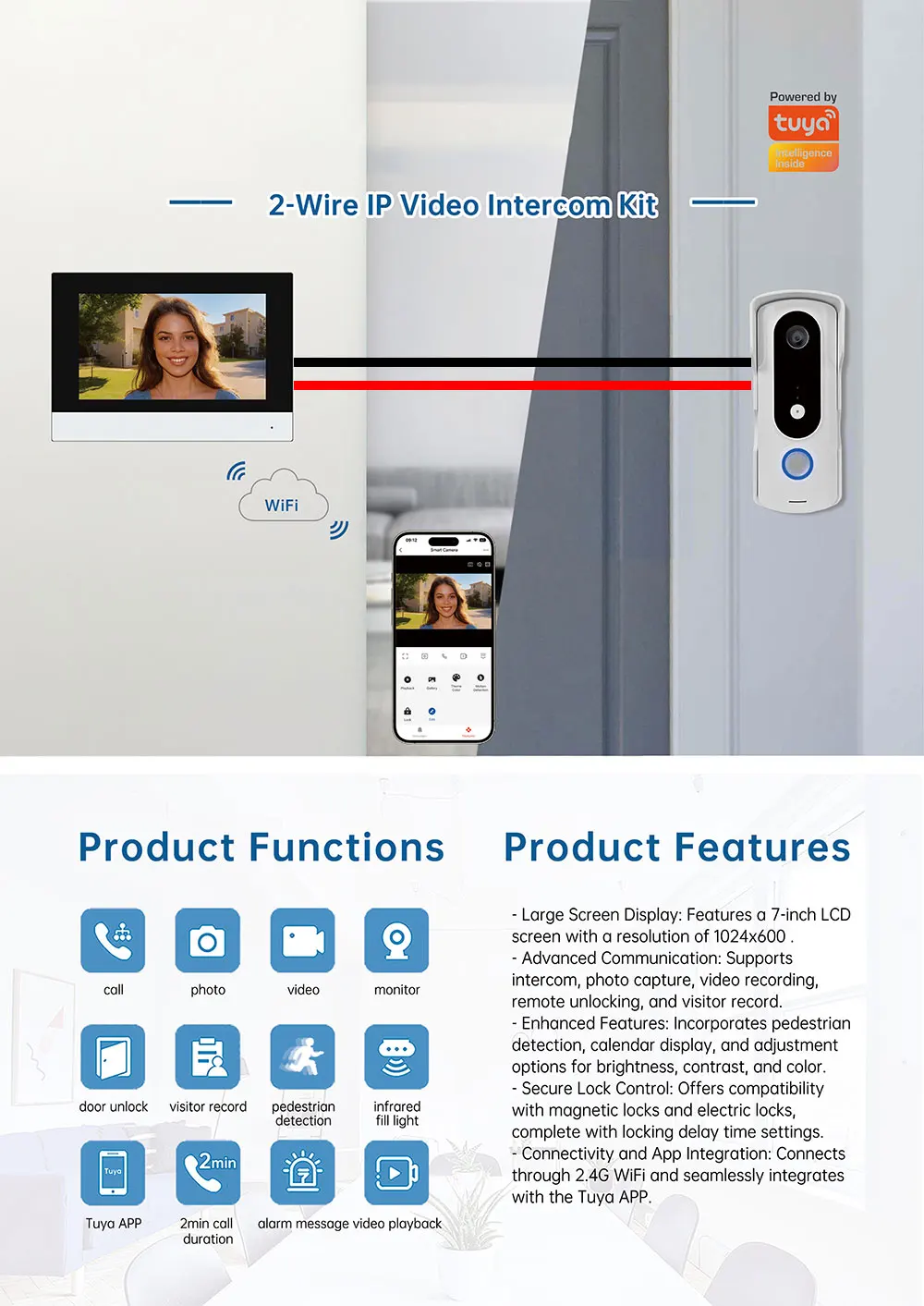 Anjielo 2-wire video doorbell intercom system 7 inch touch screen with night vision camera doorbell phone two-way intercom for home security