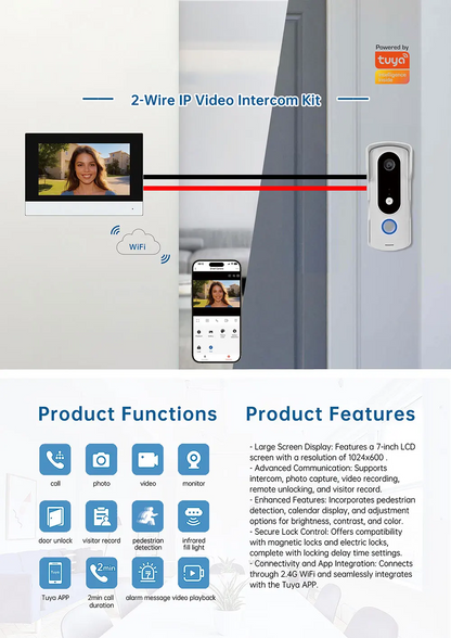 Anjielo 2-wire video doorbell intercom system 7 inch touch screen with night vision camera doorbell phone two-way intercom for home security