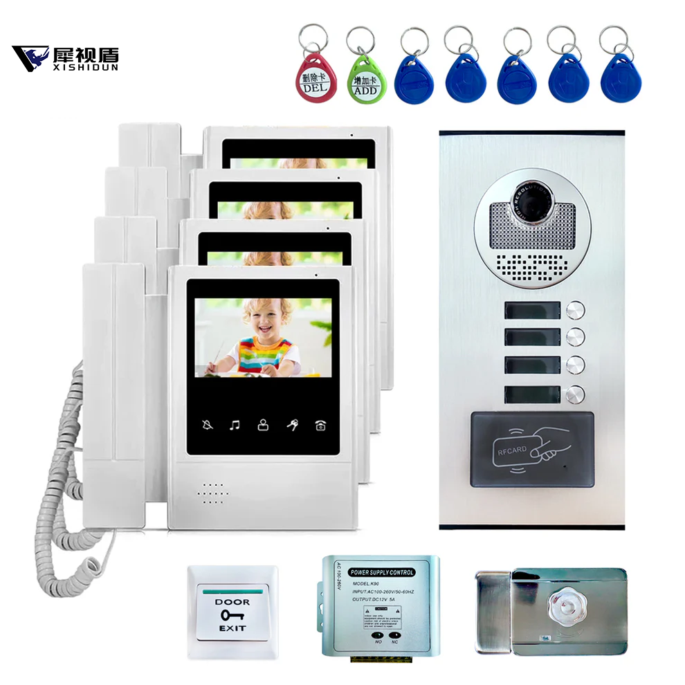 XiVision 4.3 inch TFT Wired Video Intercom Doorbell System with RFID Camera – 3 Monitors, Exit Button, Electric Lock, Door Access System for Home