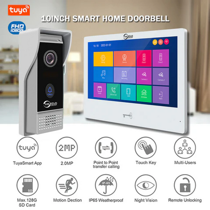 10.1-Inch Touch Monitor Video Doorphone System with Anti-Theft IR Vision Doorbell Camera for Home and Apartment Security