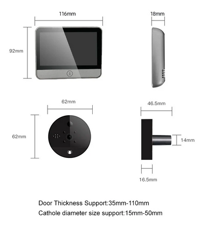 4.3 inch Tuya Peephole Camera | WiFi Doorbell, Motion Detection, Video Intercom & Monitor