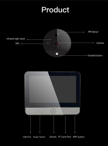 4.3 inch Tuya Peephole Camera | WiFi Doorbell, Motion Detection, Video Intercom & Monitor