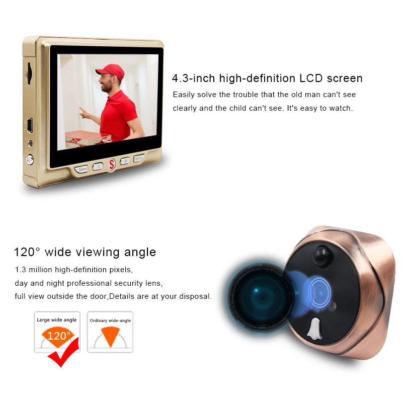 4.3 inchLCD Peephole Doorbell Camera  120°PIR Motion Detection Video Recording & IR Night Vision