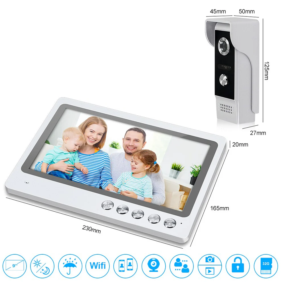 9 inch Home WiFi Video Intercom Doorbell  Night Vision Waterproof 32G TF Card Recording