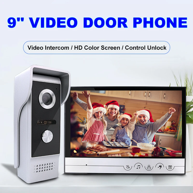 9 Inch Video Door Phone System Wired Video Intercom Video Doorbell Alloy IR Camera Remote Unlock 1 Doorbell with 2 Monitor