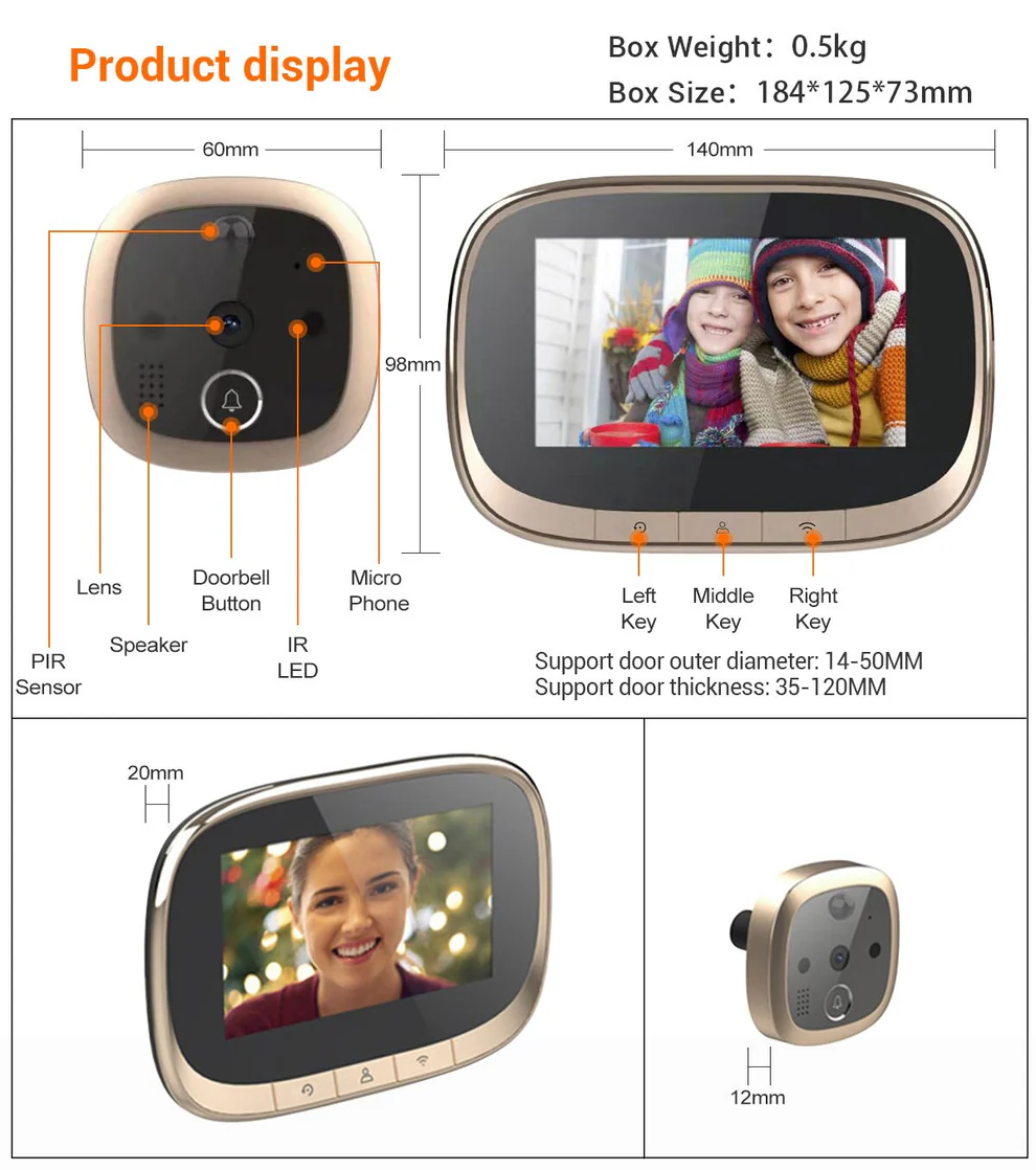 4.3Inch 170 Degree Video Doorbell Camera 1080P WiFi Visual Doorbell Call Intercom Infrared Night Vision Security Monitoring