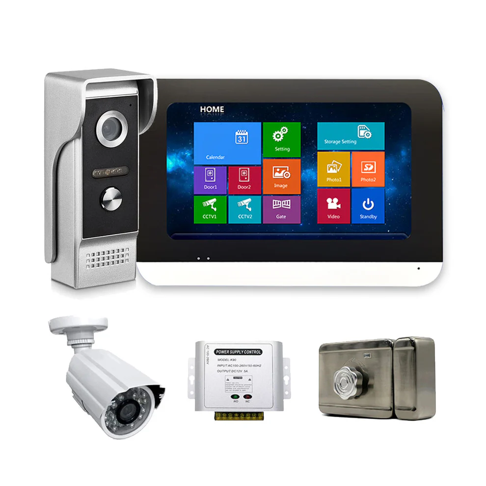 7 inch Touch Screen Video Intercom System  Security Camera 16G SD Card Electronic Lock Power Supply Home Access Control
