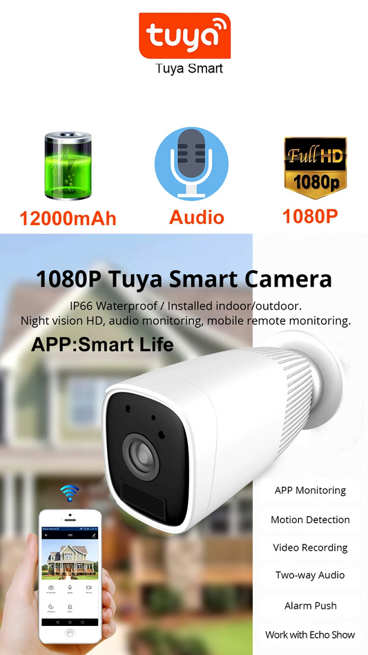 Tuya Wireless Security Camera with 12000mAh Battery | APP Control, Motion Detection, Two - Way Talk