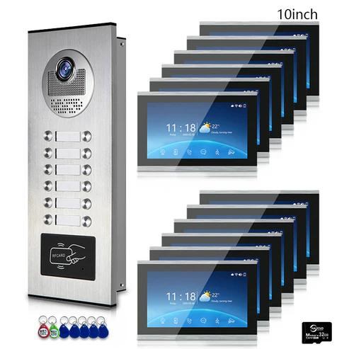 XiVision Tuya-Powered 4-Wired Video Intercom System with 10-Inch Screen – 1-to-12 Silver Video Door Phone for Multi-Unit Buildings