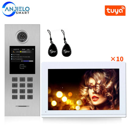 Anjielo 10-inch tuya smart video intercom system - IP building/apartment access control with RFID card, HD foorbell camera, 2-way audio & remote unlock