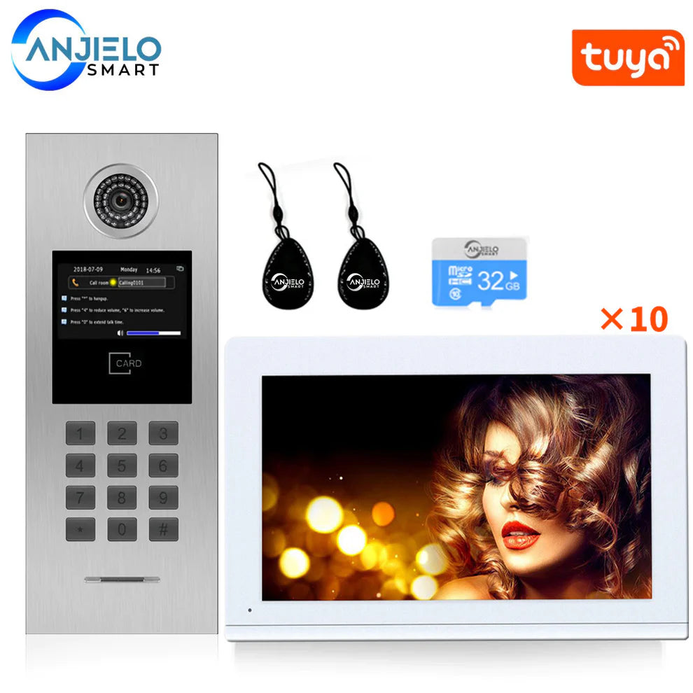 Anjielo 10-inch tuya smart video intercom system - IP building/apartment access control with RFID card, HD foorbell camera, 2-way audio & remote unlock