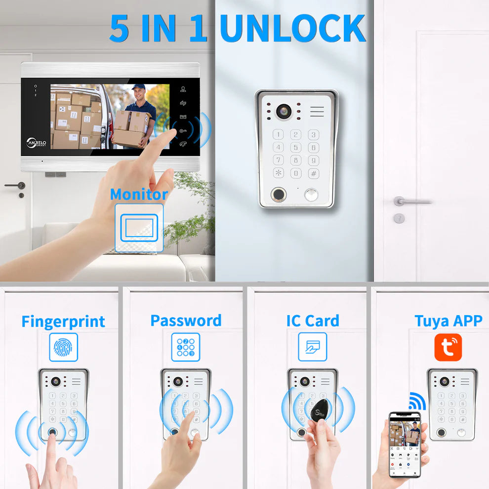 Anjielo 7-Inch  Video Doorbell with RFID Card, Fingerprint  Password Unlock – Smart Access Control System with Video Intercom  Secure Entry Features