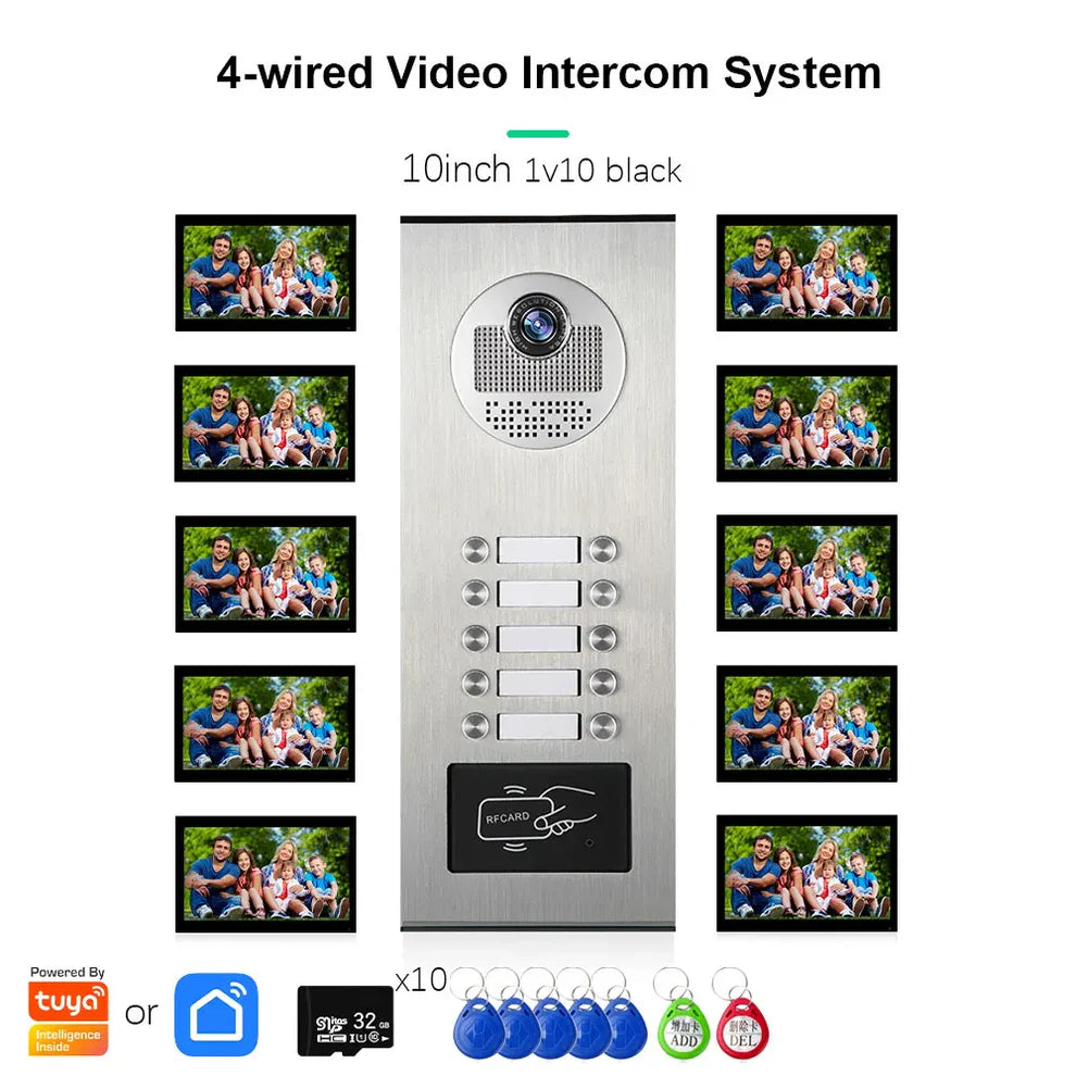XiVision Tuya-Powered 4-Wired Video Intercom System with 10-Inch Screen – 1-to-12 Silver Video Door Phone for Multi-Unit Buildings