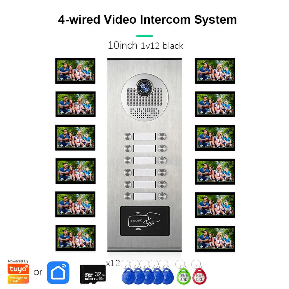 XiVision Tuya-Powered 4-Wired Video Intercom System with 10-Inch Screen – 1-to-12 Silver Video Door Phone for Multi-Unit Buildings