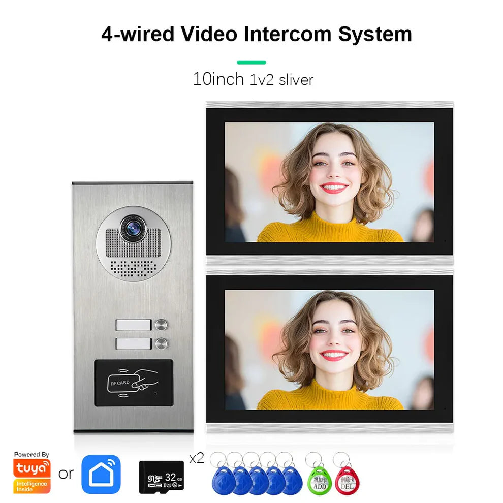XiVision Tuya-Powered 4-Wired Video Intercom System with 10-Inch Screen – 1-to-12 Silver Video Door Phone for Multi-Unit Buildings