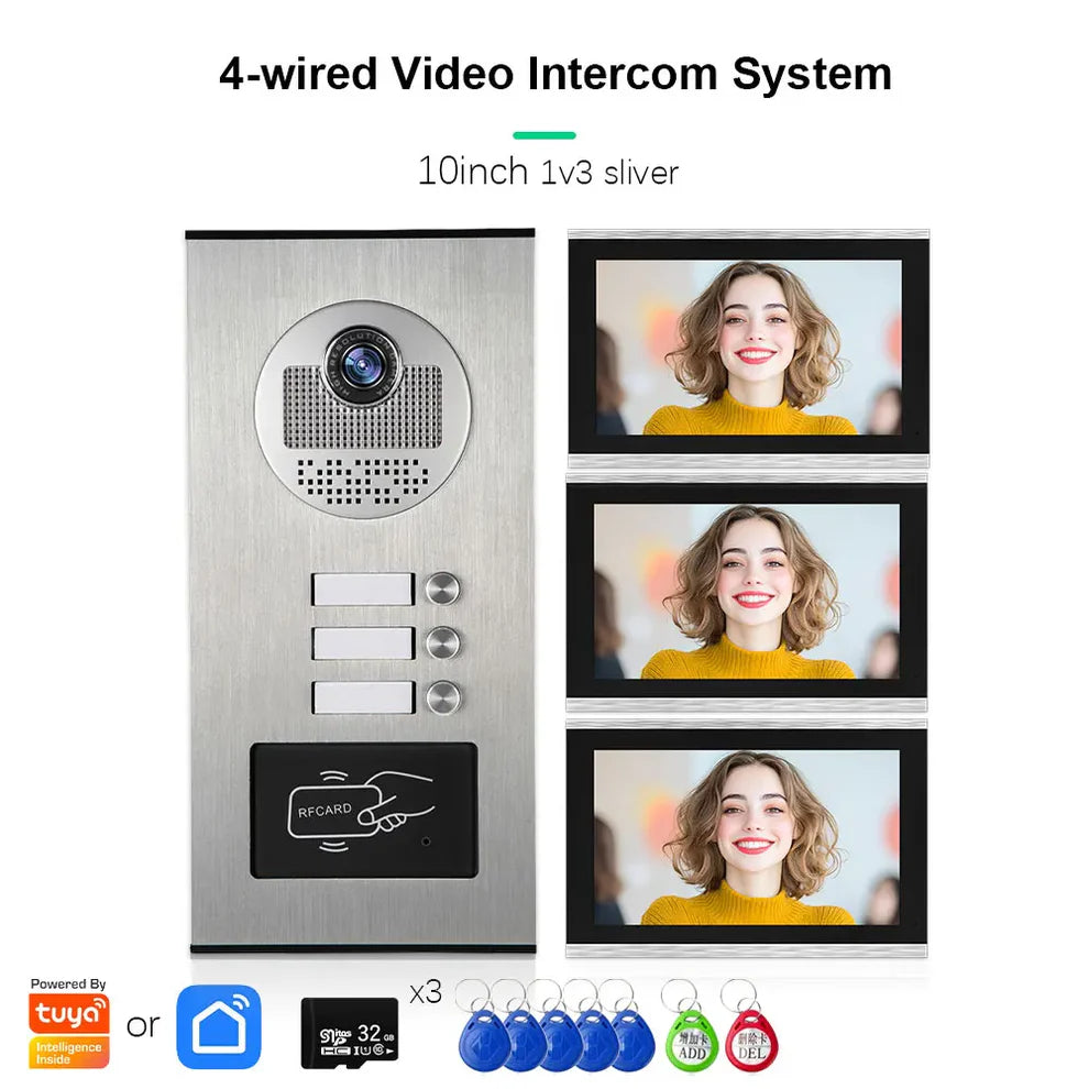 XiVision Tuya-Powered 4-Wired Video Intercom System with 10-Inch Screen – 1-to-12 Silver Video Door Phone for Multi-Unit Buildings