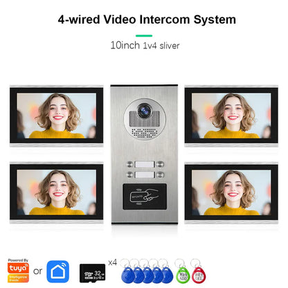 XiVision Tuya-Powered 4-Wired Video Intercom System with 10-Inch Screen – 1-to-12 Silver Video Door Phone for Multi-Unit Buildings