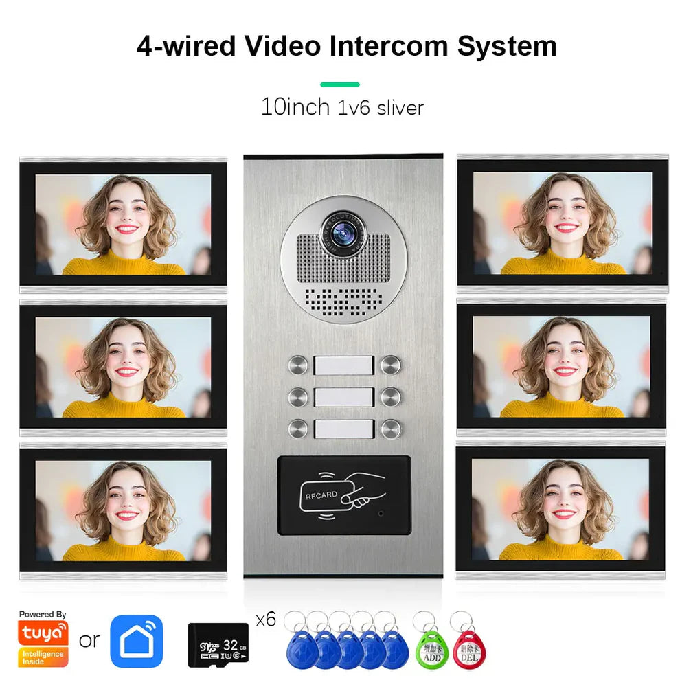 XiVision Tuya-Powered 4-Wired Video Intercom System with 10-Inch Screen – 1-to-12 Silver Video Door Phone for Multi-Unit Buildings