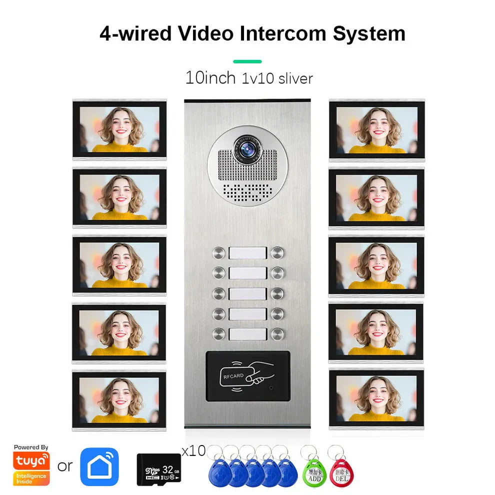 XiVision Tuya-Powered 4-Wired Video Intercom System with 10-Inch Screen – 1-to-12 Silver Video Door Phone for Multi-Unit Buildings