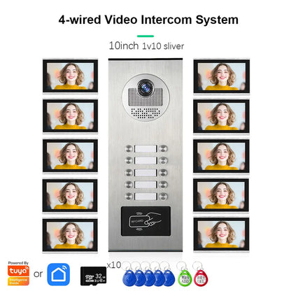 XiVision Tuya-Powered 4-Wired Video Intercom System with 10-Inch Screen – 1-to-12 Silver Video Door Phone for Multi-Unit Buildings