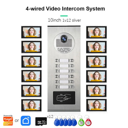 XiVision Tuya-Powered 4-Wired Video Intercom System with 10-Inch Screen – 1-to-12 Silver Video Door Phone for Multi-Unit Buildings