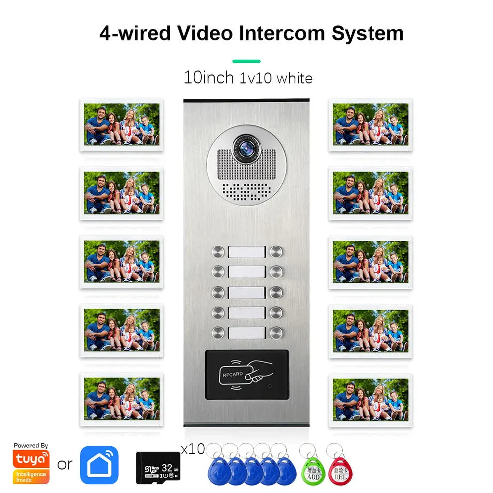 XiVision Tuya-Powered 4-Wired Video Intercom System with 10-Inch Screen – 1-to-12 Silver Video Door Phone for Multi-Unit Buildings