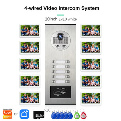 XiVision Tuya-Powered 4-Wired Video Intercom System with 10-Inch Screen – 1-to-12 Silver Video Door Phone for Multi-Unit Buildings