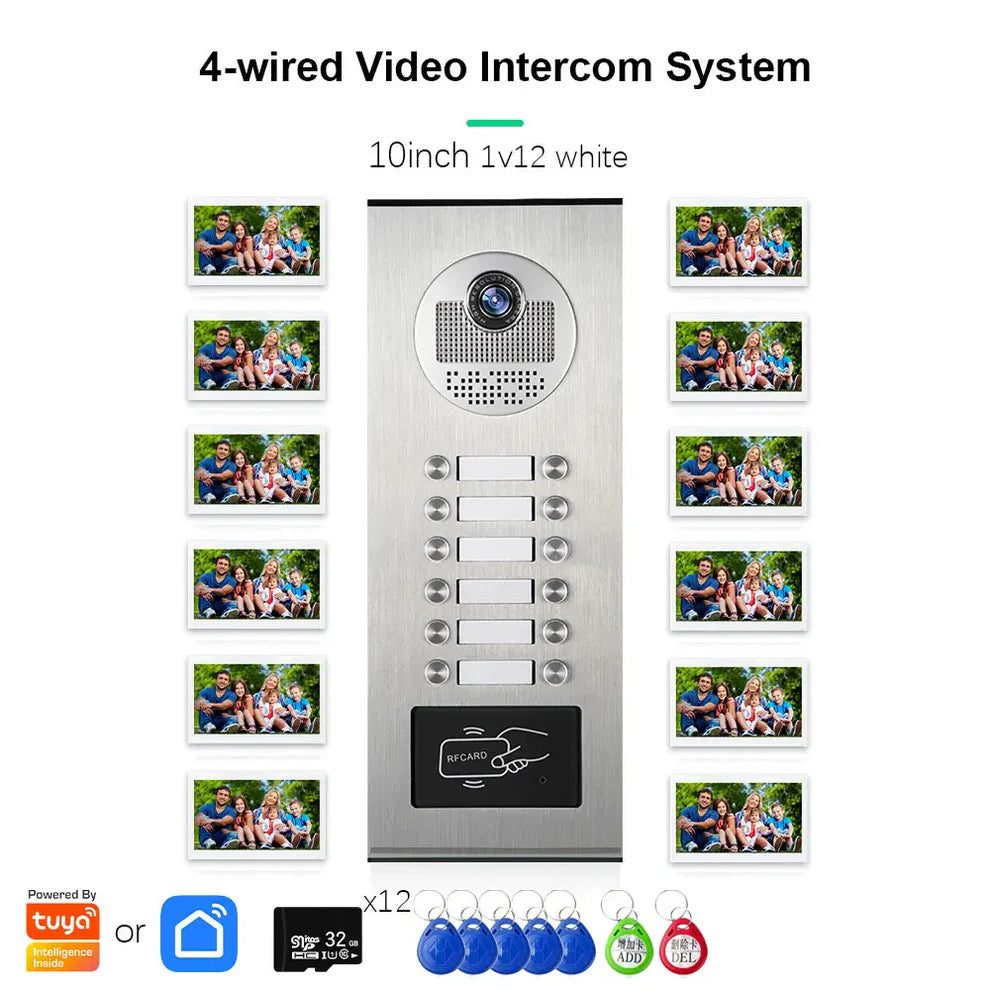 XiVision Tuya-Powered 4-Wired Video Intercom System with 10-Inch Screen – 1-to-12 Silver Video Door Phone for Multi-Unit Buildings
