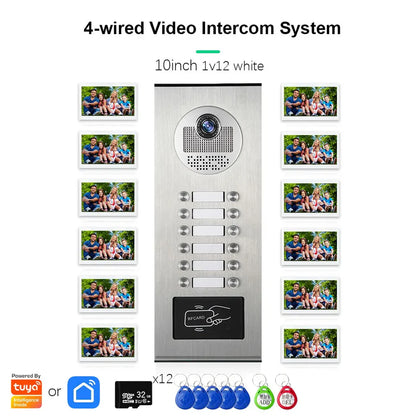 XiVision Tuya-Powered 4-Wired Video Intercom System with 10-Inch Screen – 1-to-12 Silver Video Door Phone for Multi-Unit Buildings